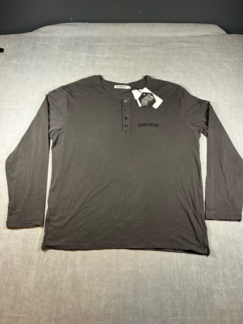 Heroes Motors Men's Long-Sleeve Size XL Henley Shirt - Charcoal